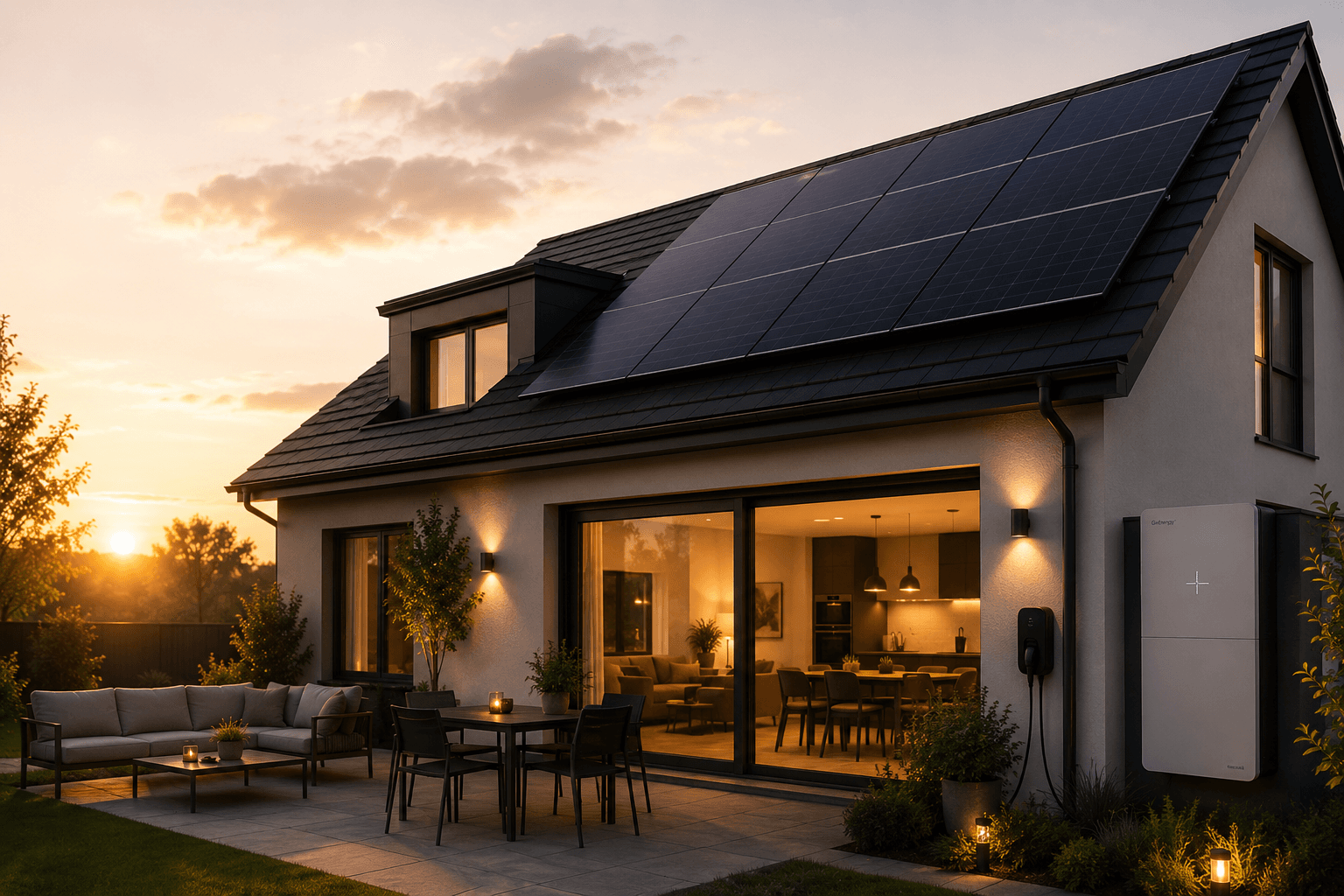 Home at sunset with rooftop solar panels